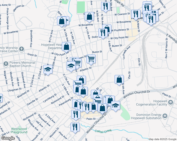 map of restaurants, bars, coffee shops, grocery stores, and more near 305 South 13th Avenue in Hopewell