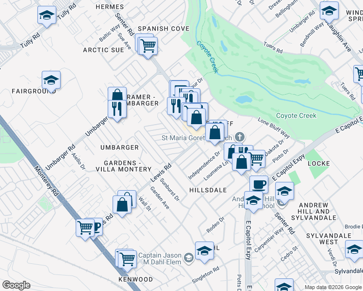 map of restaurants, bars, coffee shops, grocery stores, and more near 411 Lewis Road in San Jose