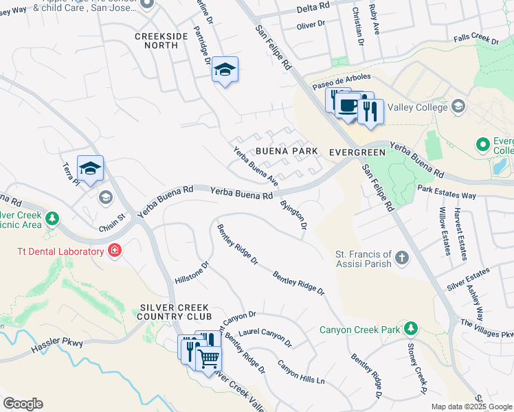 map of restaurants, bars, coffee shops, grocery stores, and more near 2139 Hillstone Drive in San Jose