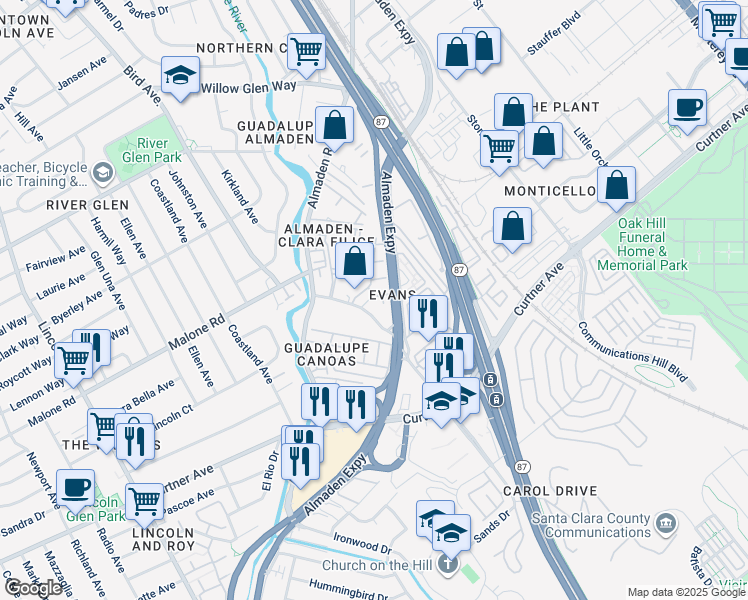 map of restaurants, bars, coffee shops, grocery stores, and more near 2128 Canoas Garden Avenue in San Jose