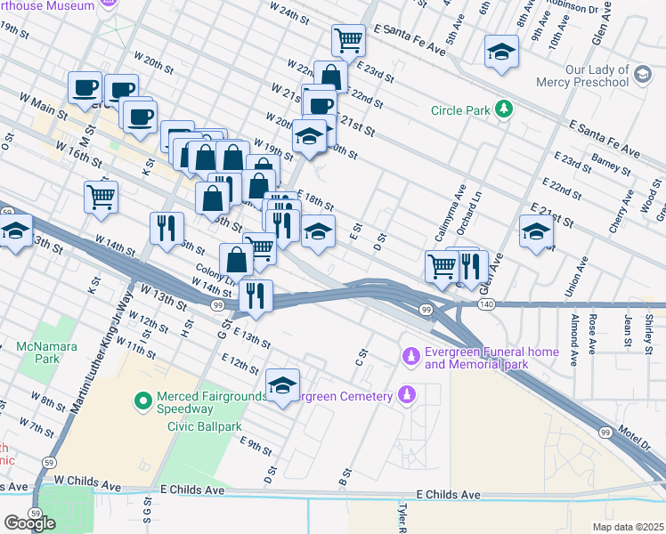 map of restaurants, bars, coffee shops, grocery stores, and more near 205 East 16th Street in Merced