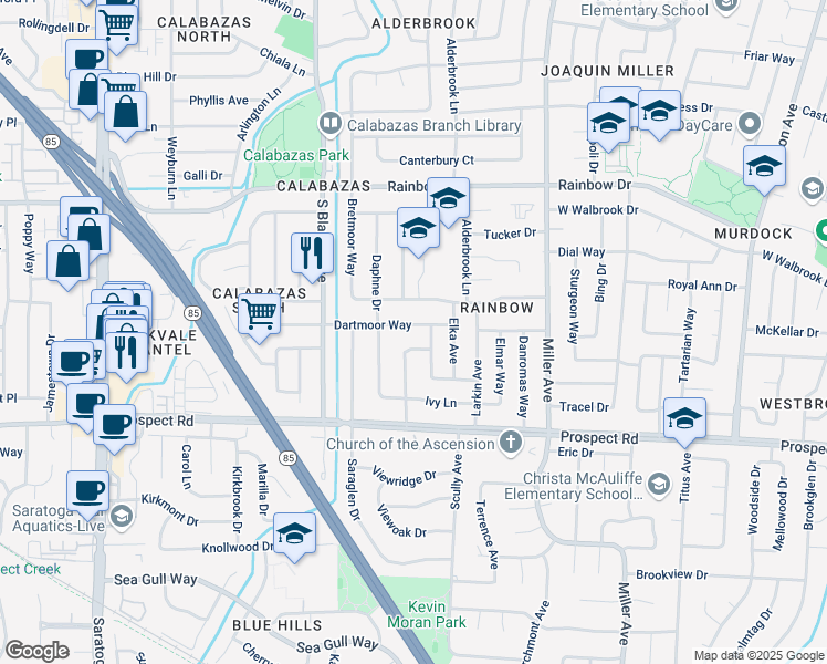 map of restaurants, bars, coffee shops, grocery stores, and more near 1602 Clarkspur Lane in San Jose