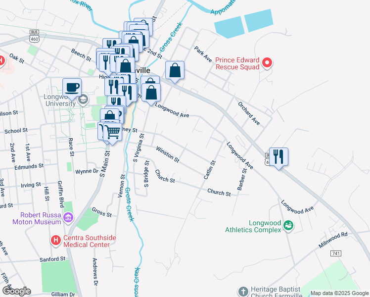 map of restaurants, bars, coffee shops, grocery stores, and more near Wiley Lane in Farmville