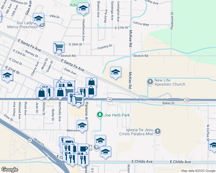 map of restaurants, bars, coffee shops, grocery stores, and more near 1971 Kelly Avenue in Merced