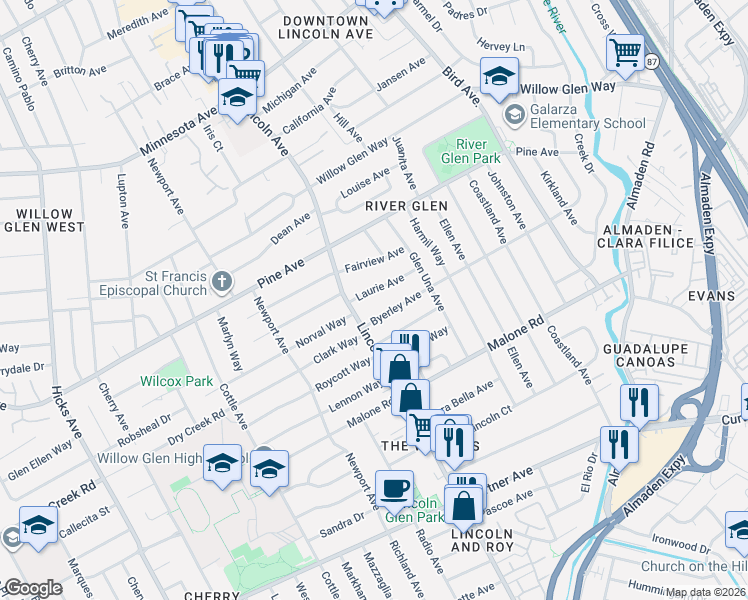 map of restaurants, bars, coffee shops, grocery stores, and more near 1091 Byerley Avenue in San Jose