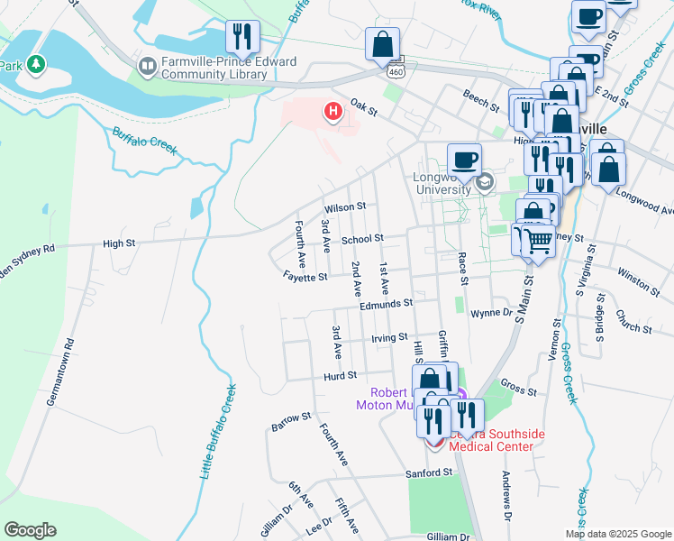 map of restaurants, bars, coffee shops, grocery stores, and more near 412 3rd Avenue in Farmville