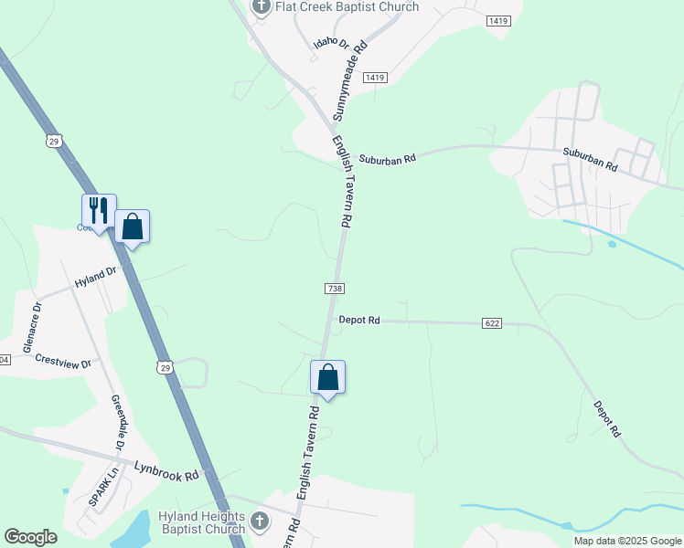 map of restaurants, bars, coffee shops, grocery stores, and more near 909 English Tavern Road in Rustburg
