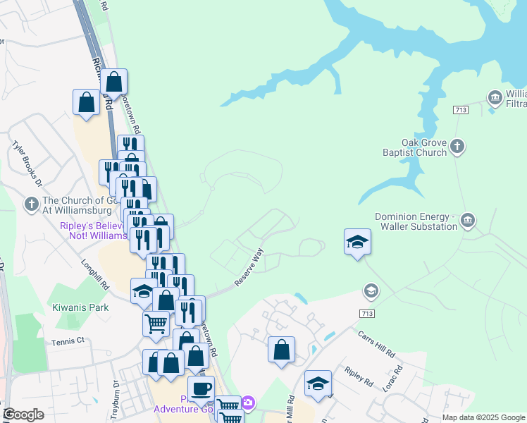 map of restaurants, bars, coffee shops, grocery stores, and more near 310 Mershon Way in Williamsburg