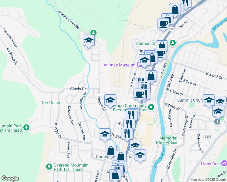 map of restaurants, bars, coffee shops, grocery stores, and more near 2 W 28th Way in Durango