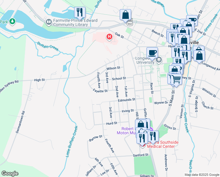 map of restaurants, bars, coffee shops, grocery stores, and more near 412 3rd Avenue in Farmville