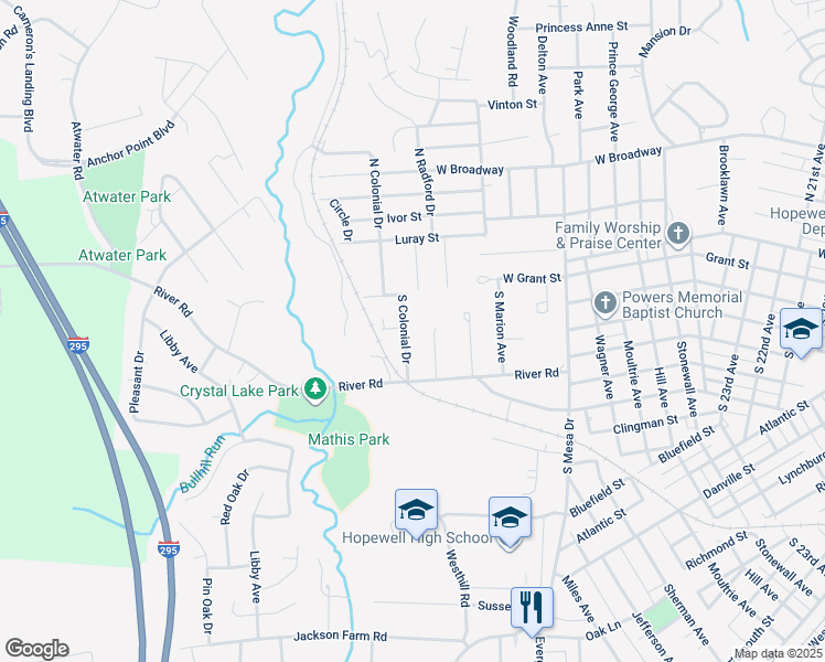 map of restaurants, bars, coffee shops, grocery stores, and more near 107 South Colonial Drive in Hopewell