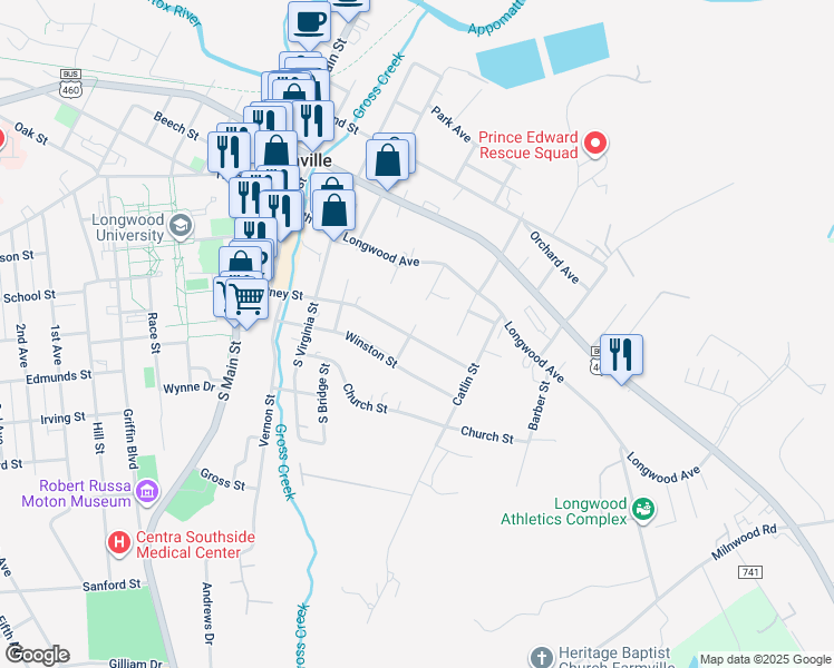 map of restaurants, bars, coffee shops, grocery stores, and more near 508 Putney Street in Farmville