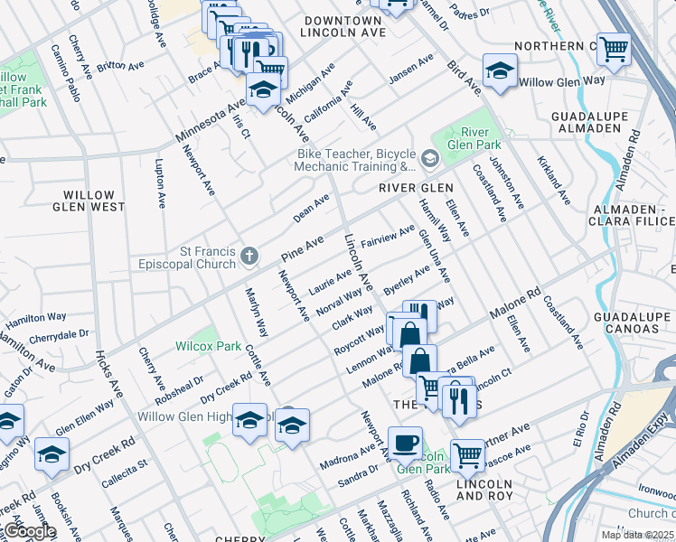 map of restaurants, bars, coffee shops, grocery stores, and more near 1121 Laurie Avenue in San Jose
