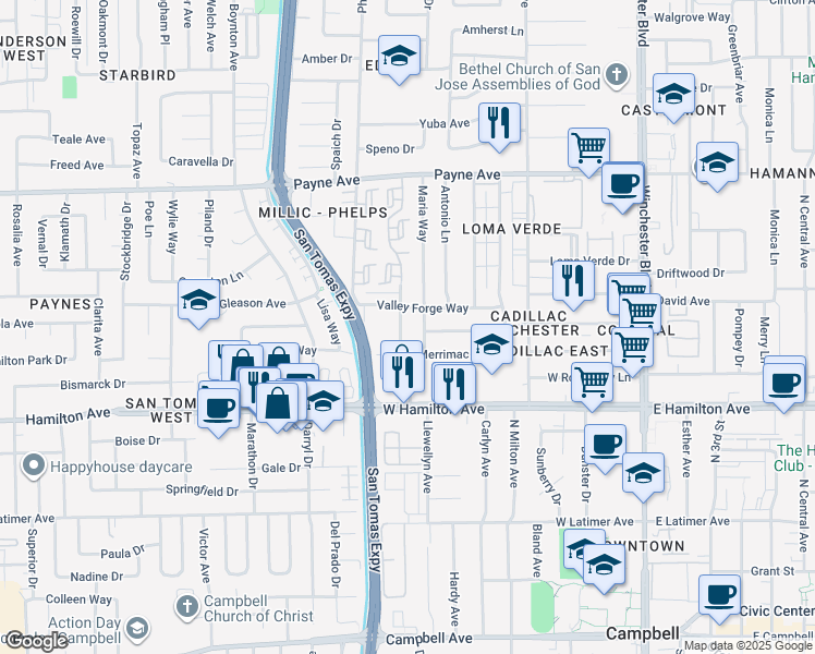 map of restaurants, bars, coffee shops, grocery stores, and more near 1467 Maria Way in San Jose