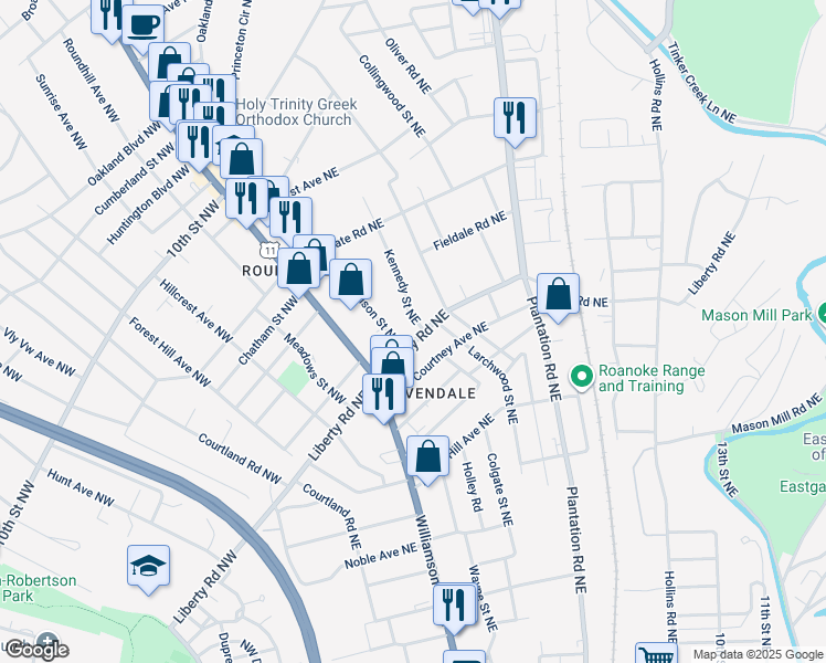 map of restaurants, bars, coffee shops, grocery stores, and more near 216 Liberty Road Northeast in Roanoke