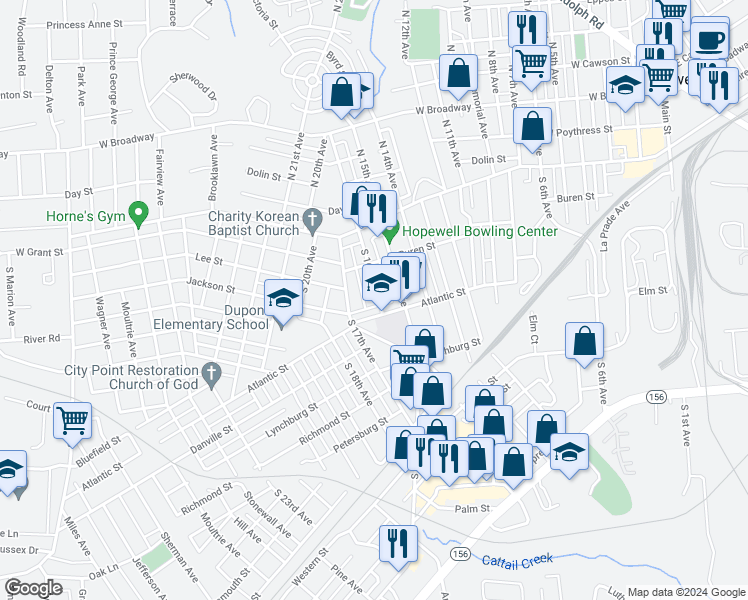 map of restaurants, bars, coffee shops, grocery stores, and more near 216 South 16th Avenue in Hopewell