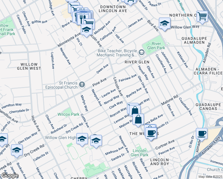 map of restaurants, bars, coffee shops, grocery stores, and more near 1121 Laurie Avenue in San Jose