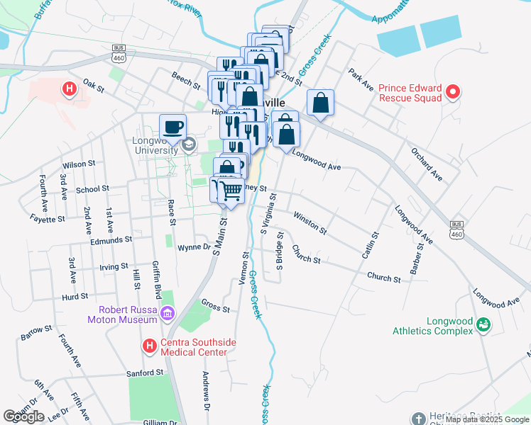 map of restaurants, bars, coffee shops, grocery stores, and more near 303 South Virginia Street in Farmville