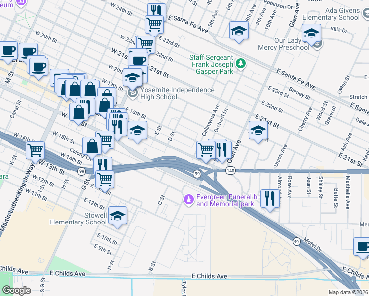 map of restaurants, bars, coffee shops, grocery stores, and more near 370 East 18th Street in Merced