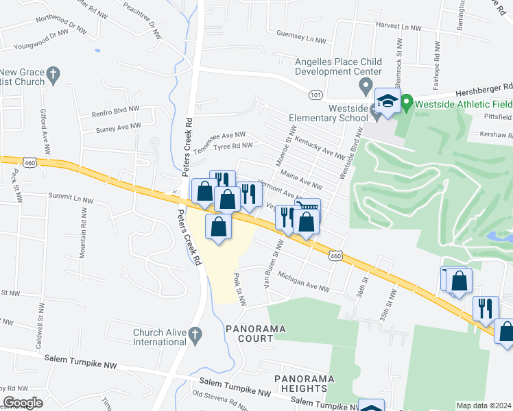 map of restaurants, bars, coffee shops, grocery stores, and more near 4102 Virginia Avenue Northwest in Roanoke