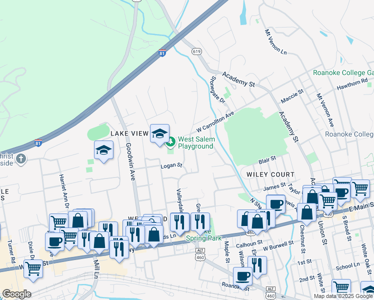 map of restaurants, bars, coffee shops, grocery stores, and more near 526 Valleydale Avenue in Salem