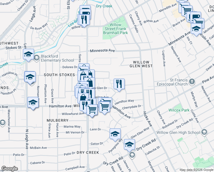 map of restaurants, bars, coffee shops, grocery stores, and more near 1547 Alta Glen Drive in San Jose
