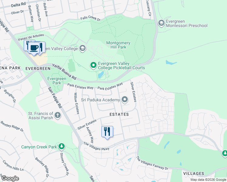 map of restaurants, bars, coffee shops, grocery stores, and more near 3064 Sunny Meadow Lane in San Jose