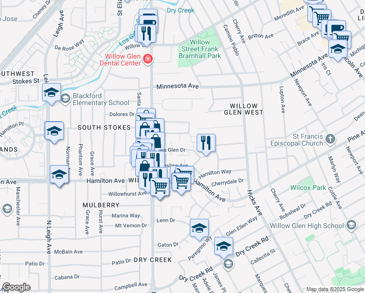 map of restaurants, bars, coffee shops, grocery stores, and more near 1550 Willowbrae Avenue in San Jose