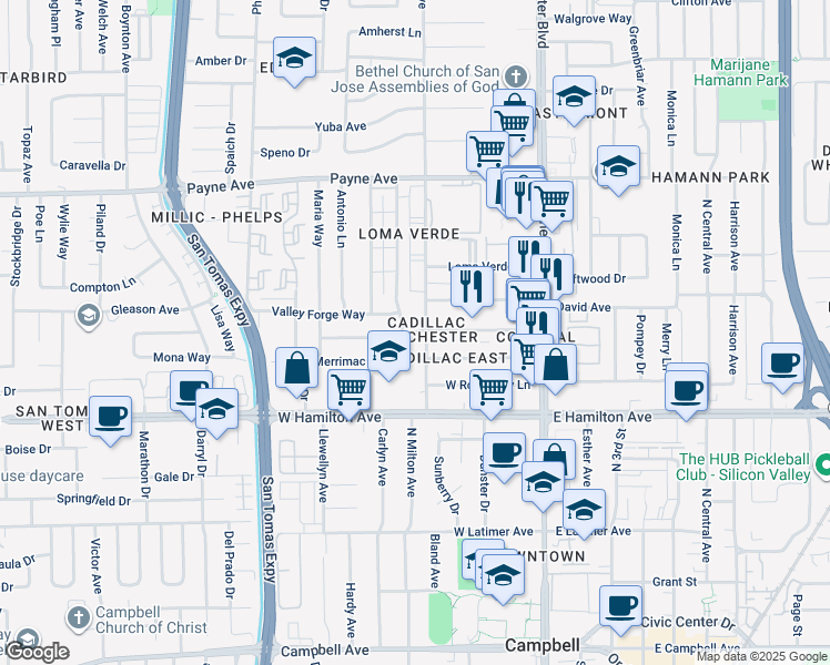 map of restaurants, bars, coffee shops, grocery stores, and more near 1483 Eden Avenue in San Jose