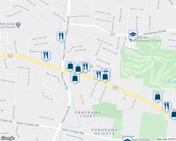 map of restaurants, bars, coffee shops, grocery stores, and more near 4127 Virginia Avenue Northwest in Roanoke