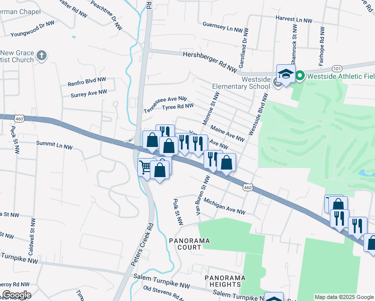 map of restaurants, bars, coffee shops, grocery stores, and more near 4127 Virginia Avenue Northwest in Roanoke