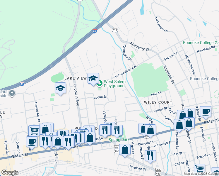 map of restaurants, bars, coffee shops, grocery stores, and more near 526 Valleydale Avenue in Salem