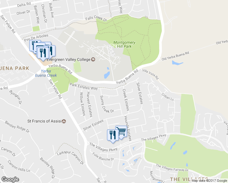 map of restaurants, bars, coffee shops, grocery stores, and more near 3030 Park Estates Way in San Jose