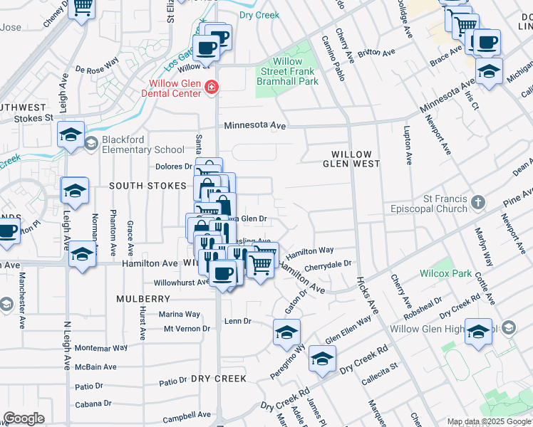 map of restaurants, bars, coffee shops, grocery stores, and more near 1547 Alta Glen Drive in San Jose