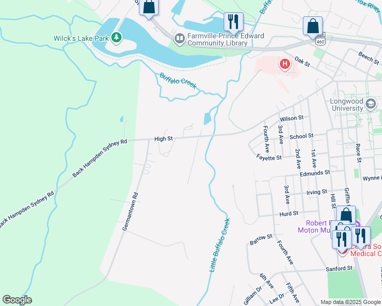 map of restaurants, bars, coffee shops, grocery stores, and more near 103 Buffaloe Lane in Farmville