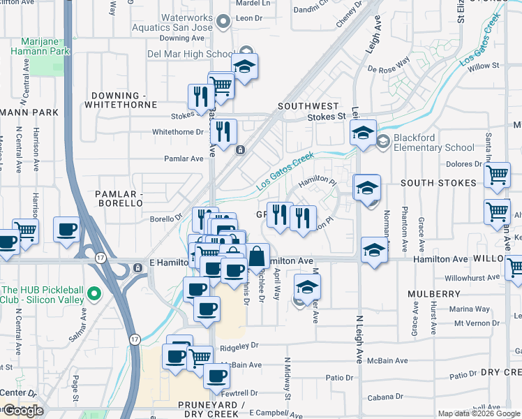 map of restaurants, bars, coffee shops, grocery stores, and more near 2093 Wente Way in San Jose