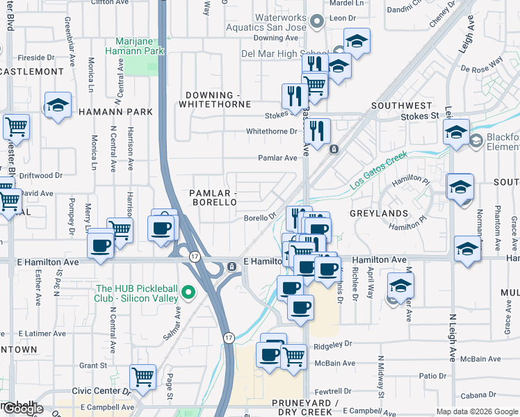 map of restaurants, bars, coffee shops, grocery stores, and more near 26 Quail Hollow Drive in San Jose