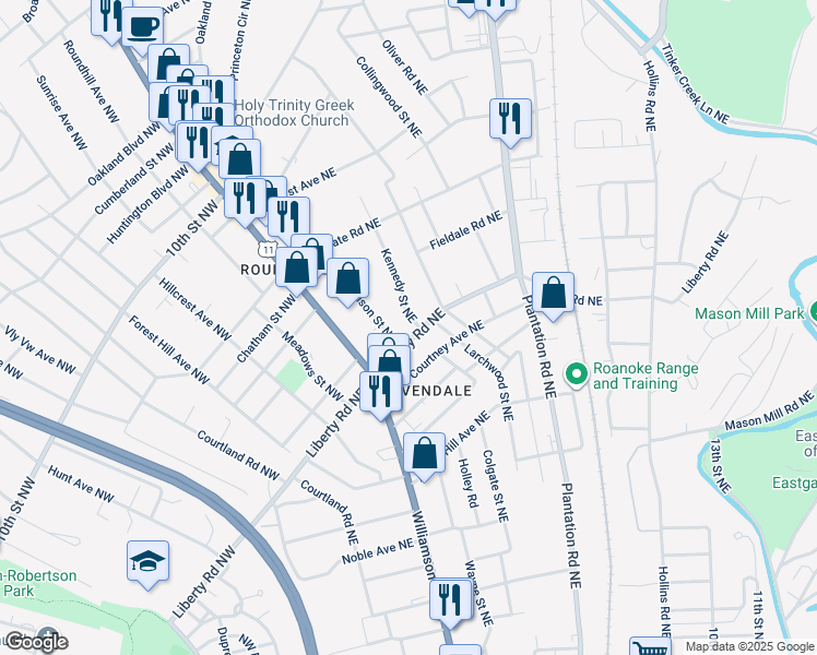 map of restaurants, bars, coffee shops, grocery stores, and more near 216 Liberty Road Northeast in Roanoke