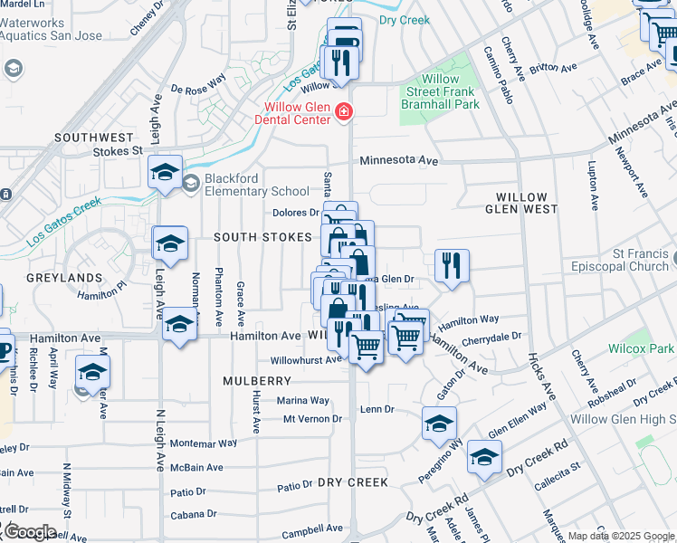 map of restaurants, bars, coffee shops, grocery stores, and more near 1607 Meridian Avenue in San Jose