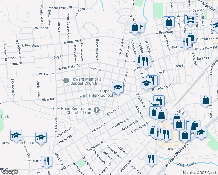 map of restaurants, bars, coffee shops, grocery stores, and more near 2200 Jackson Street in Hopewell
