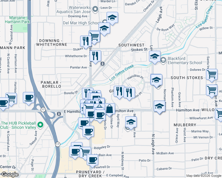 map of restaurants, bars, coffee shops, grocery stores, and more near 2093 Wente Way in San Jose