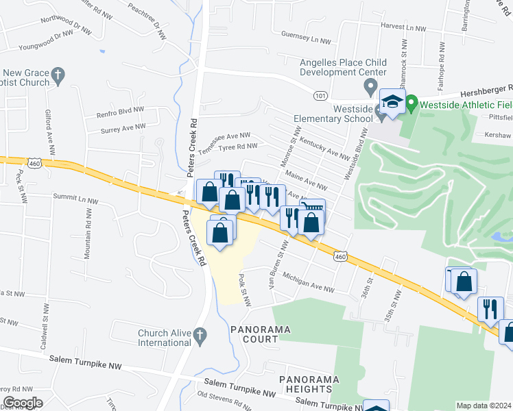 map of restaurants, bars, coffee shops, grocery stores, and more near 4112 Virginia Avenue Northwest in Roanoke