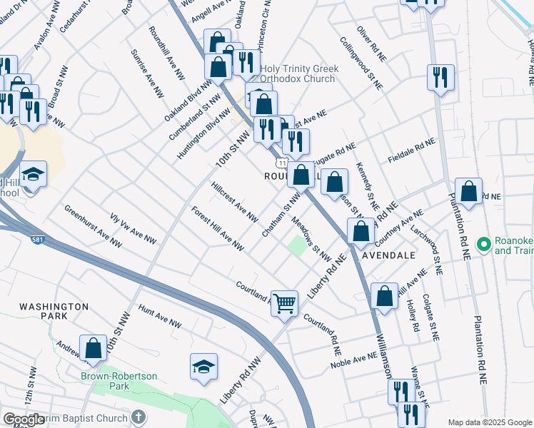 map of restaurants, bars, coffee shops, grocery stores, and more near 2617 Lyndhurst Street Northwest in Roanoke