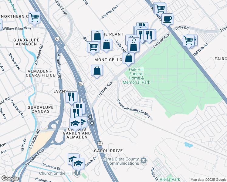 map of restaurants, bars, coffee shops, grocery stores, and more near 358 Olive Hill Drive in San Jose