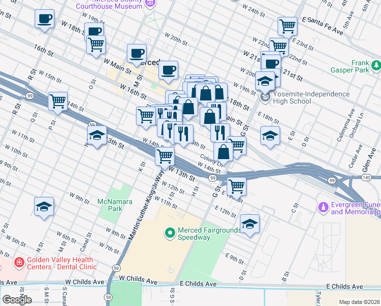 map of restaurants, bars, coffee shops, grocery stores, and more near 204 Colony Lane in Merced