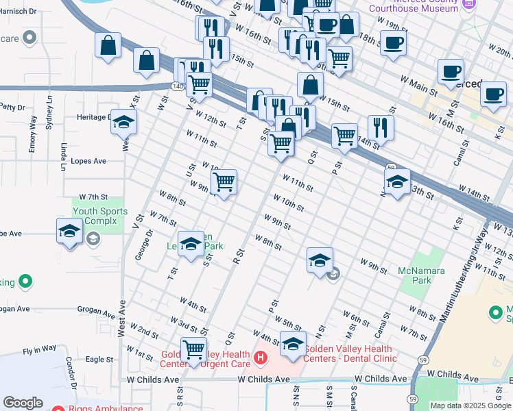 map of restaurants, bars, coffee shops, grocery stores, and more near 932 S Street in Merced