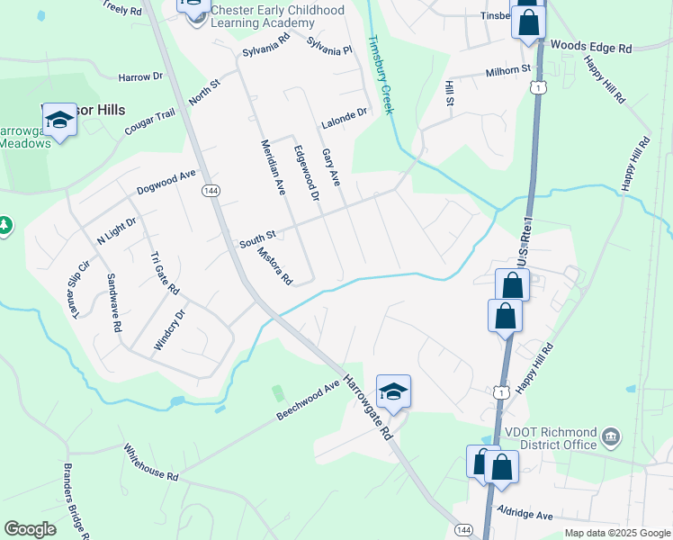 map of restaurants, bars, coffee shops, grocery stores, and more near 16128 Edgewood Drive in Chester