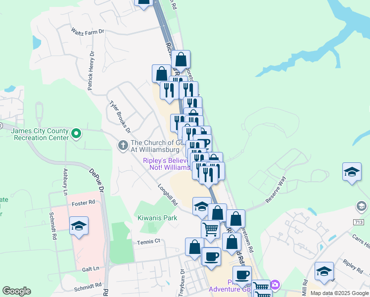 map of restaurants, bars, coffee shops, grocery stores, and more near 124 Governor Berkeley Road in Williamsburg