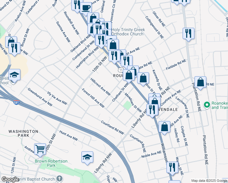 map of restaurants, bars, coffee shops, grocery stores, and more near 2617 Lyndhurst Street Northwest in Roanoke