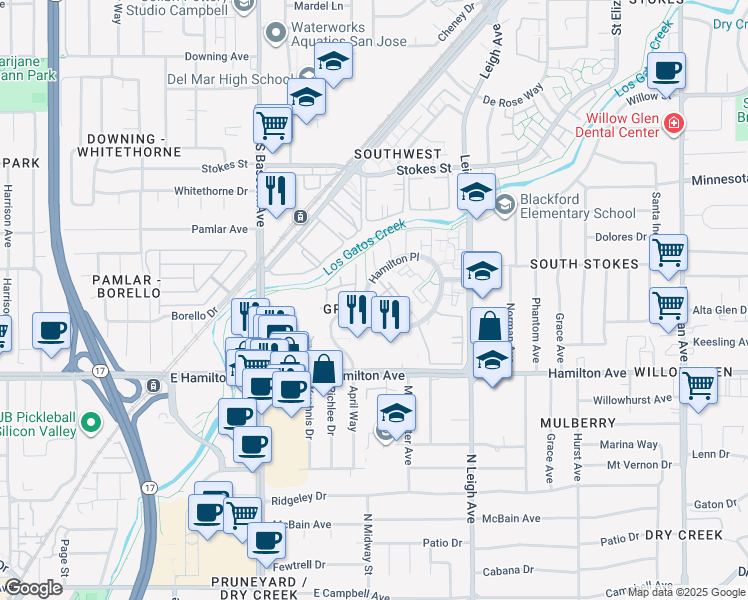 map of restaurants, bars, coffee shops, grocery stores, and more near 2084 Foxhall Loop in San Jose